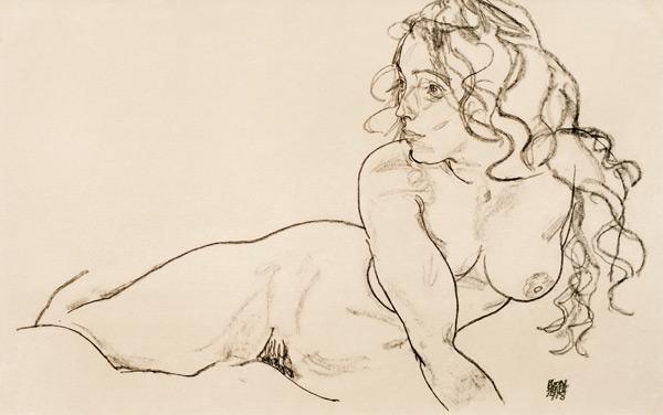 Nu féminin reposant avec de longs cheveux - Egon Schiele