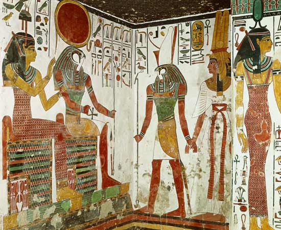 Nefertari is brought before the god Re-Horakhty by Horus, from the Tomb of Nefertari, New Kingdom à Egyptien