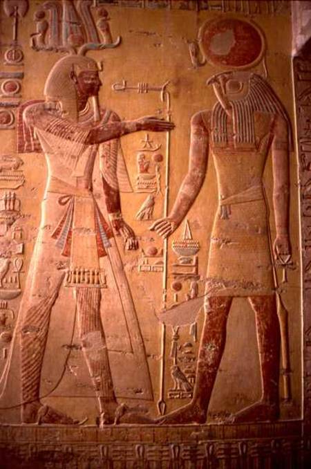 Relief depicting Merneptah (1236-1223 BC) being greeted by Re-Herakhty, from the Tomb of Merneptah, à Egyptien