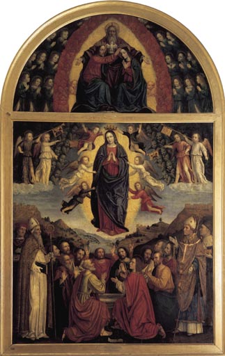 Himmelfahrt Mariae mit den Heiligen Ambrosius, Augustinus, Gervasius und Prothasius à alias Ambrogio da Fossano en Bergognone