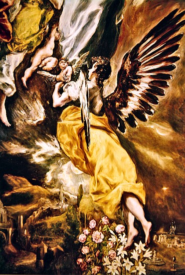 The Immaculate Conception (detail of angel, flowers, Marian attributes and Toledo) 1607-13 (see also à El Greco (alias Dominikos Theotokopulos)