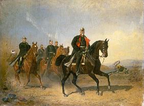 Empereur Guillaume I  de Prusse à cheval avec Bismarck et Moltke