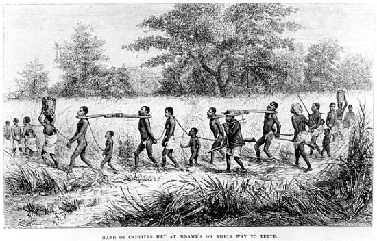Gang of Captives Met at Mbame''s on their way to Tette; engraved by Josiah Wood Whymper (1813-1903) à École anglaise de peinture