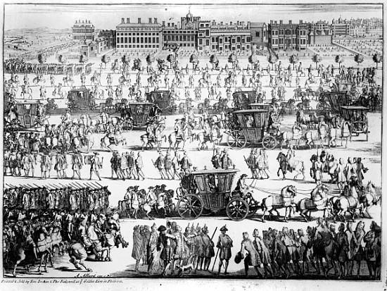 King George I procession to St. James''s Palace, 20th September 1714; engraved by Abraham Allard à École anglaise de peinture