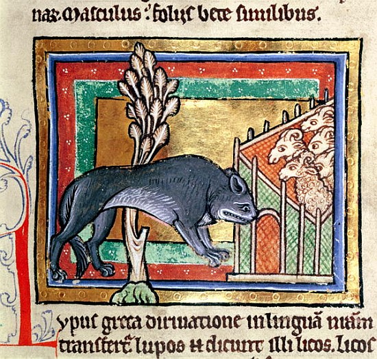 MS Roy 12 C XIX fol.19 A wolf outside a sheep fold, from a bestiary or moralised history, Durham (12 à École anglaise de peinture