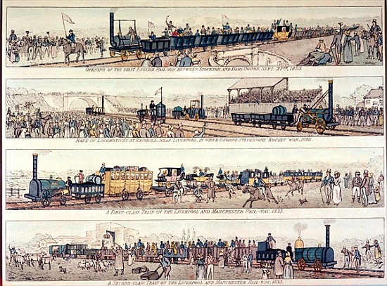 The opening of the Stockton and Darlington railroad, 1825; Locomotive race at Rainhill, near Liverpo à École anglaise de peinture