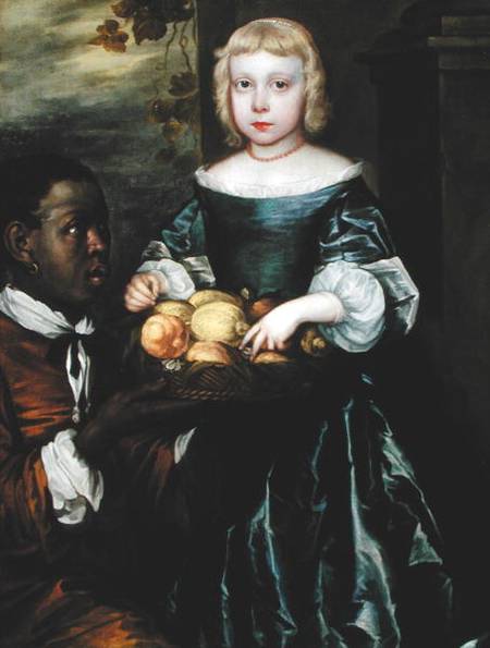 A Young Girl Being Offered a Basket of Fruit by a Servant à École anglaise de peinture