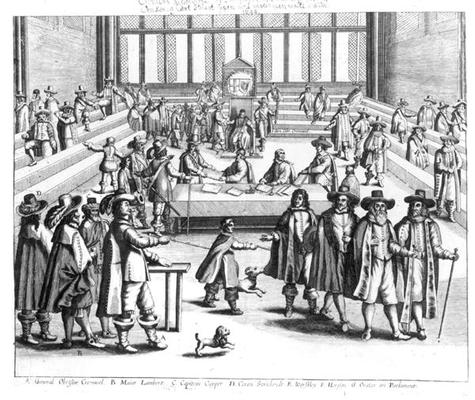 Oliver Cromwell (1599-1658) Dissolving The Parliament (engraving) (b/w photo) à Ecole anglaise, (17ème siècle)
