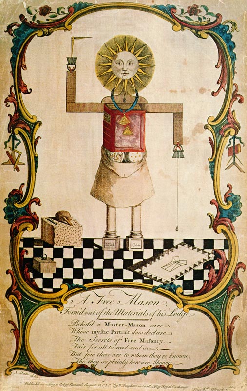 A freemason forged through the tools of his lodge, 1754 (coloured engraving) à Ecole anglaise, (18ème siècle)