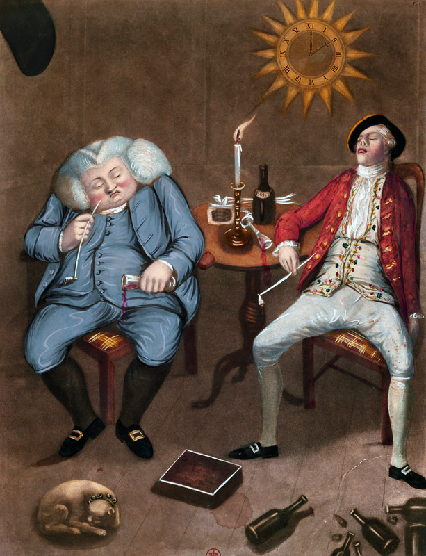 The Solid Enjoyment of Bottle and Friend, 1774 (colour litho heightened with gouache) à Ecole anglaise, (18ème siècle)