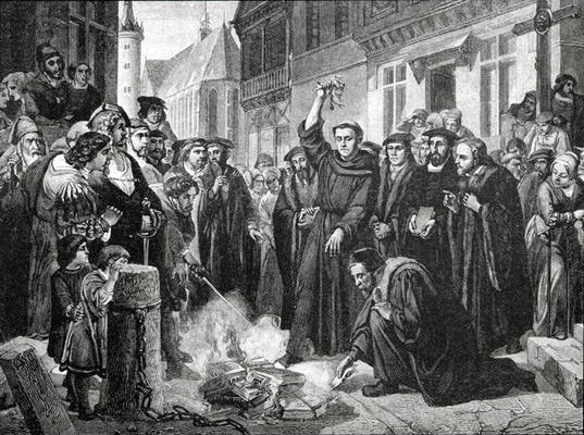 Martin Luther (1483-1546) Publicly Burning the Pope's Bull in 1521 (engraving) à Ecole anglaise, (19ème siècle)