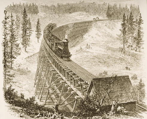 Trestle Bridge on the Pacific Railway, Sierra Nevada, c.1870, from 'American Pictures', published by à Ecole anglaise, (19ème siècle)