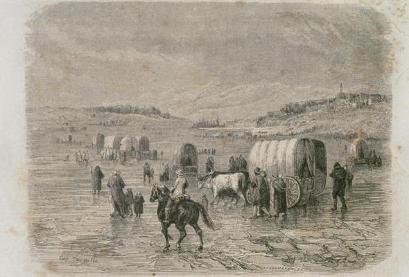 A Wagon Train Heading West in the 1860s, engraved by Stephane Pannemaker (1847-1930) (engraving) à Eugene Antoine Samuel Lavieille