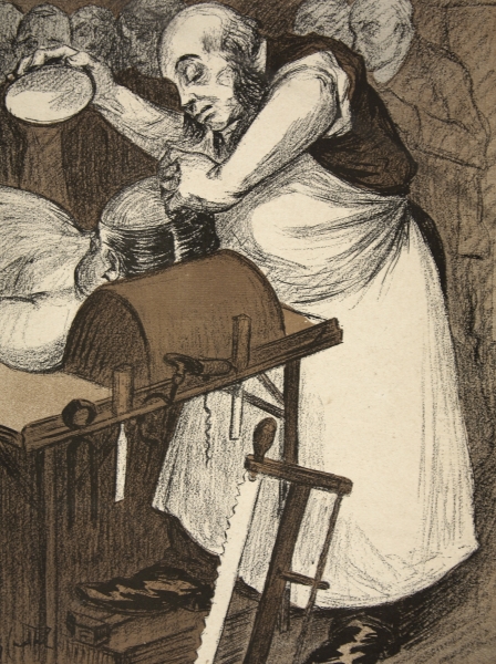 A coroner examining the head of a corpse, illustration from ''L''assiette au Beurre: Les Fonctionnai à Eugene Cadel