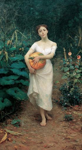 Young Girl Carrying a Pumpkin