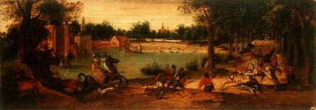 The Boar Hunt: One of a pair of landscapes à Ferdinand Bol