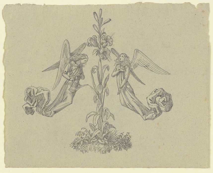 Dekorativer Buchschmuck (zwei Engel mit Lilie) à Ferdinand Fellner