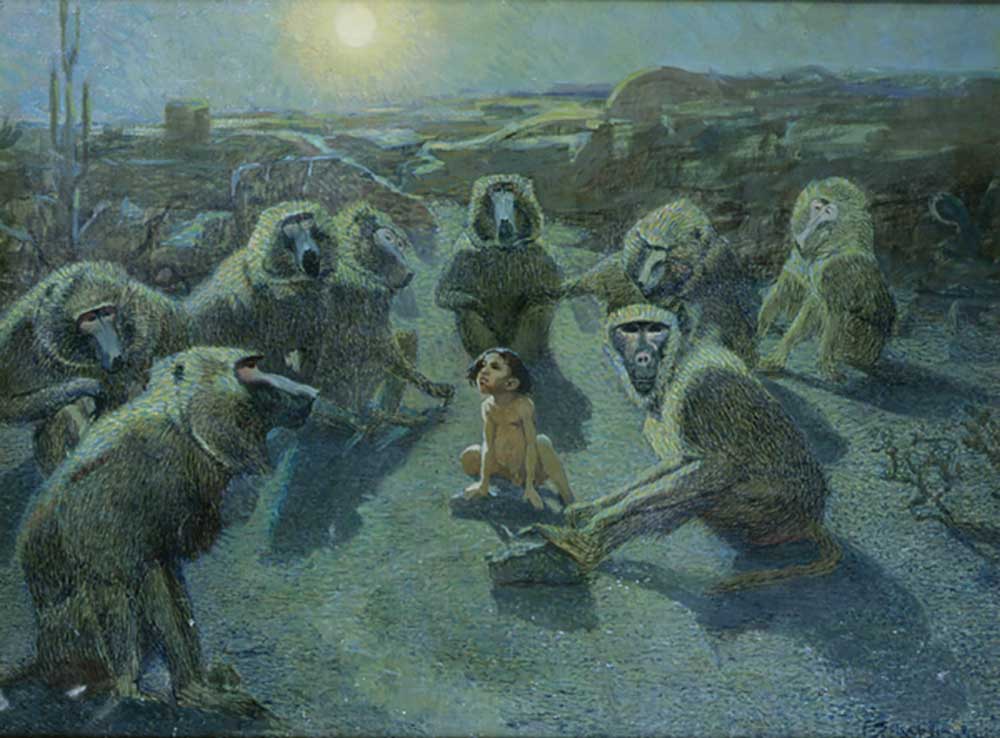 Mowgli Captured by Monkeys (oil & ink on canvas) à Ferdinand Schebek