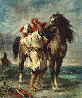 Un arabe selle son cheval