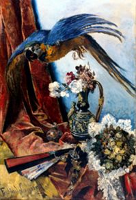 Perroquet volant au dessus d'une nature morte à Ferdinand Wagner