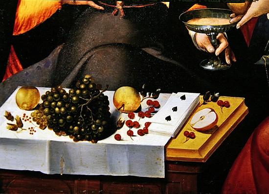 Scene Galante at the Gates of Paris, detail of fruits, playing cards and a goblet (detail of 216104) à École flamande