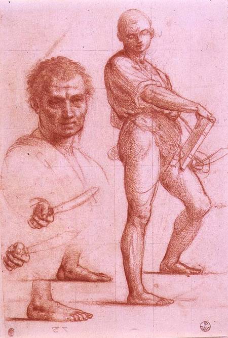 Study of a male holding a sword and a book, the sword and feet rehearsed twice, and a male head à Fra Bartolommeo