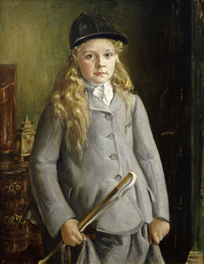 Portrait of a Girl, standing half length, In Riding Dress, 1905 à Francis Dodd
