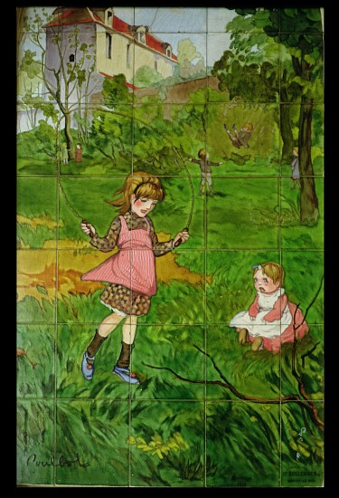 Tiles decorated with children playing in a garden à Francisque Poulbot