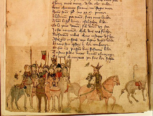 Ms Est 27 W 8.17 f.1v Attila the Hun (c.406-453) and his army on horseback, from 'The War of Attila' à Ecole franco-italienne, (15ème siècle)