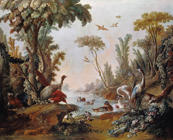 Lake with geese, storks, parrots and herons à François Boucher