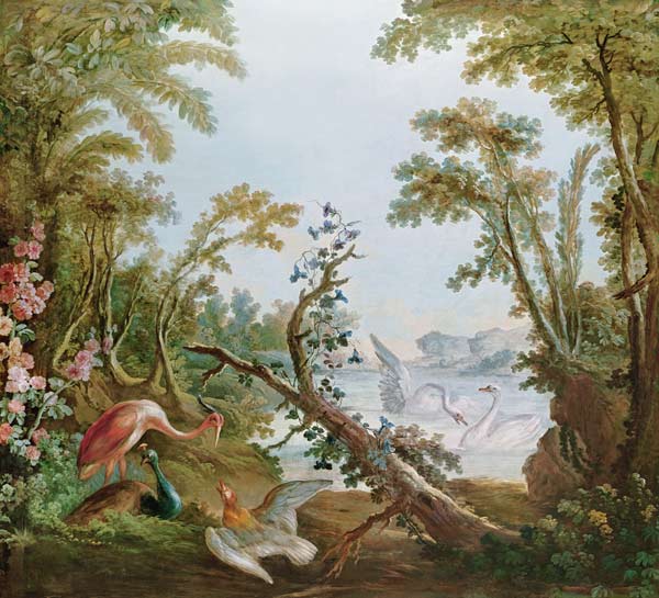 Lake with swans, a flamingo and various birds, from the salon of Gilles Demarteau à François Boucher