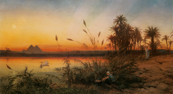 Vue de l'île Roda aux pyramides de Gizeh par un coucher de soleil à Frank Dillon