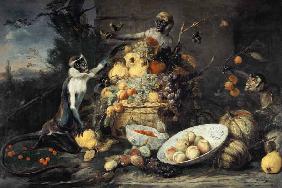 nature morte avec des fruits et des singes