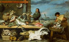 Un marché de poisson. (personnages peints par C. de Vos)