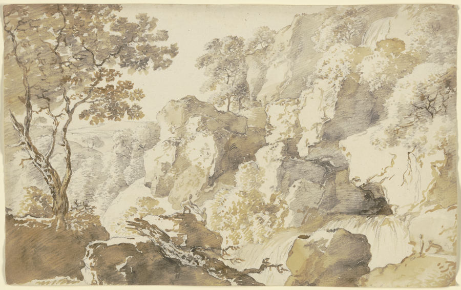 Baumbestandene Felslandschaft mit Wasserfall und zwei Wanderern, die einander beim Anstieg helfen à Franz Innocenz Josef Kobell
