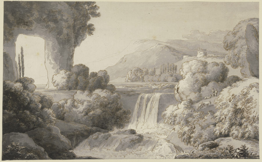 Flußlandschaft mit Wasserfall, links ein Felsentor à Franz Innocenz Josef Kobell