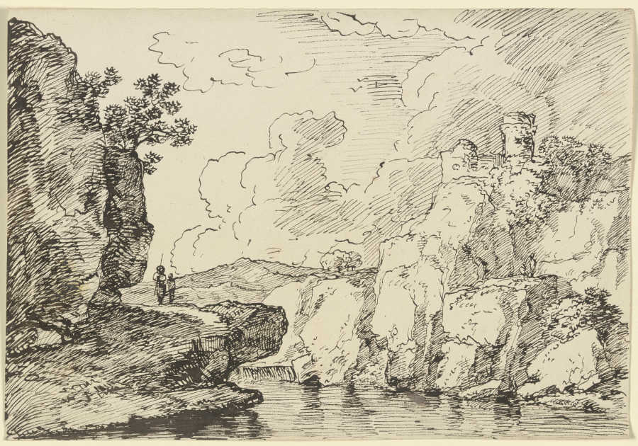 Gewässer, links auf dem Felsvorsprung zwei Wanderer, rechts auf dem Felssporn eine Burgruine à Franz Innocenz Josef Kobell