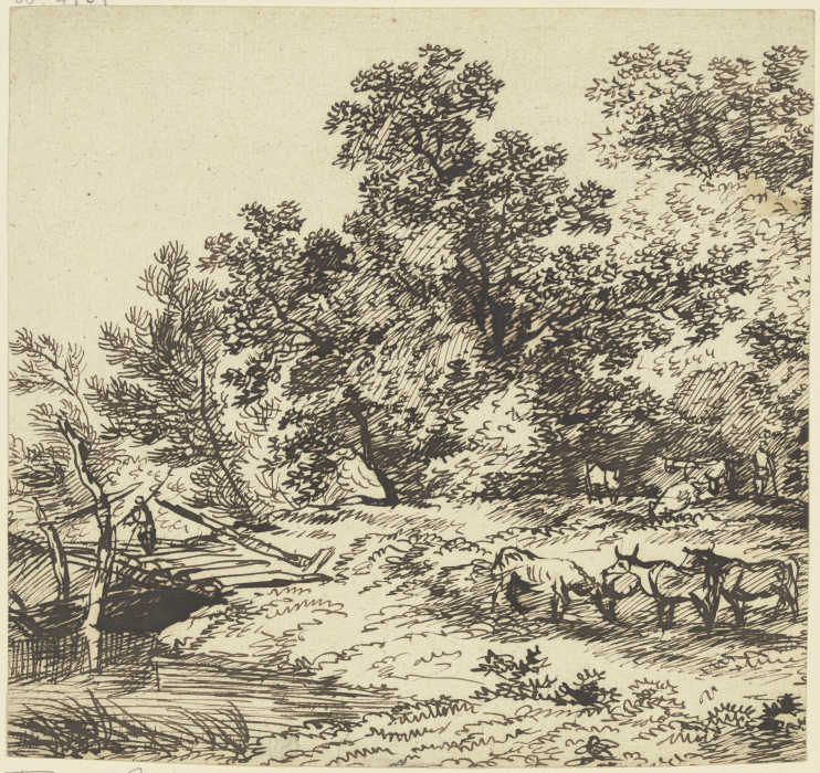 Hirt und Herde unter Bäumen, links eine Brücke à Franz Innocenz Josef Kobell
