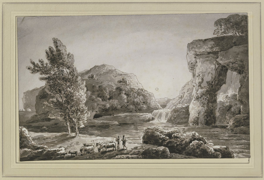 Ideallandschaft mit Wasserfall und einer Viehherde mit zwei Hirten à Franz Innocenz Josef Kobell