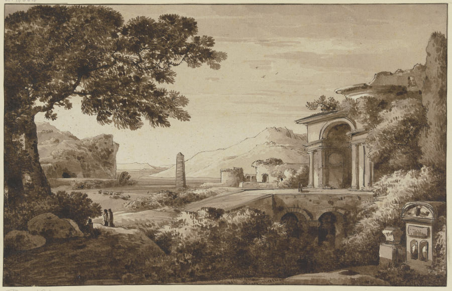 Landschaft mit antiken Bauten und einem Obelisken à Franz Innocenz Josef Kobell