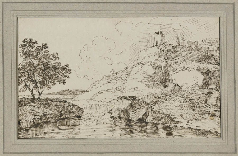 Landschaft mit Wasserfall, rechts auf dem Berg eine Ruine à Franz Innocenz Josef Kobell