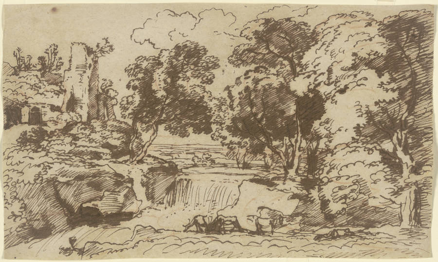 Ruine an einem baumbestandenen Wasserfall à Franz Innocenz Josef Kobell