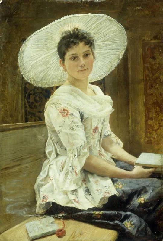 Junge Frau mit weißem Hut. à Franz Simm