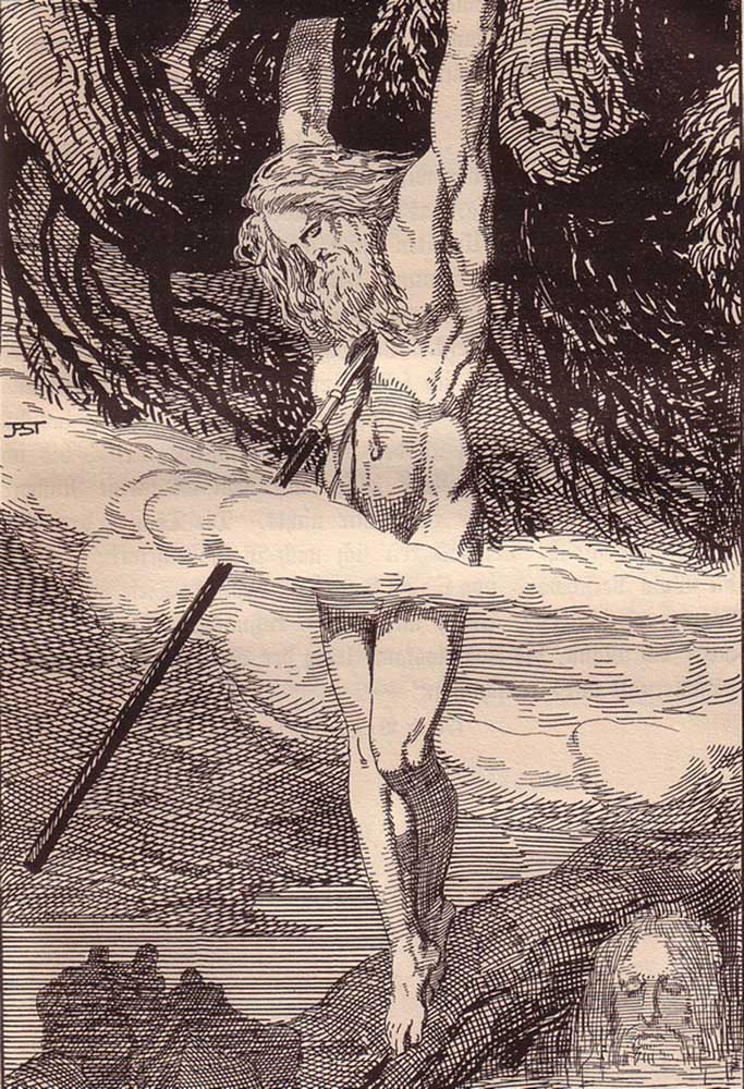 Odin Hanging on the World-Tree. Illustration for "The Edda: Germanic Gods and Heroes" by Hans von Wo à Franz Stassen