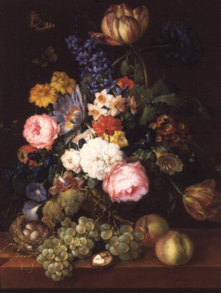 Flowers and fruit with a bird's nest on a Ledge à Franz Xaver Petter