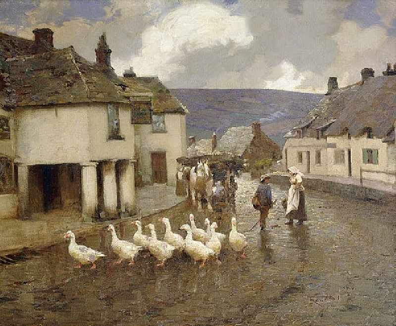 A flock of goose in front of the Greyhound Pub at Corfe Castle, Dorset à Fred Hall