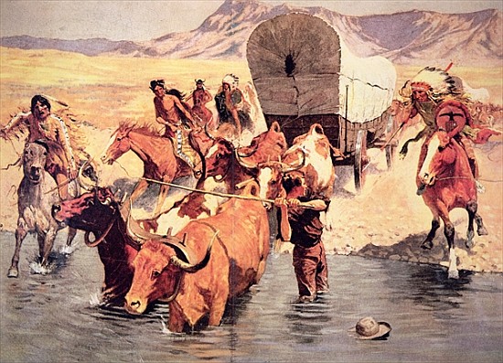 Indians attacking a pioneer wagon train à Frederic Remington