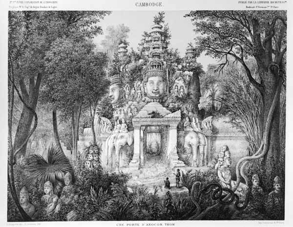 Doorway of Angkor Thom, illustration from 'Atlas du voyage d'exploration en Indochine, 1866-68' by D à École française
