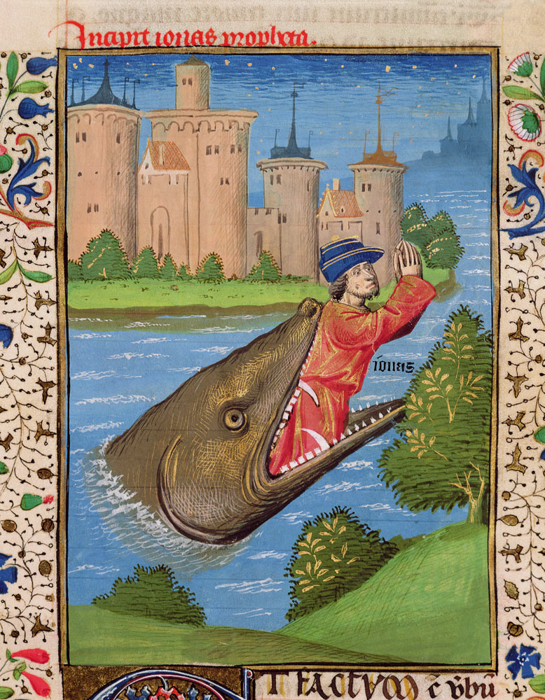 Ms H 7 f.111r Jonah and the Whale, from the Bible of Jean XXII à École française