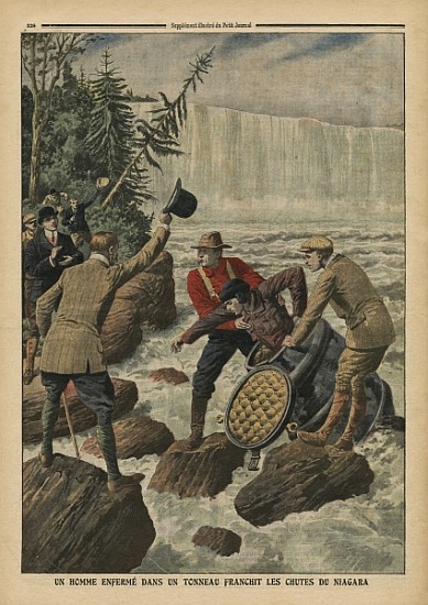 A man in a barrel crossing the Niagara Falls, illustration from ''Le Petit Journal'', supplement ill à École française